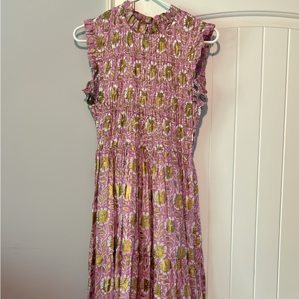 Oliphant Pink and Yellow Smocked Midi Dress